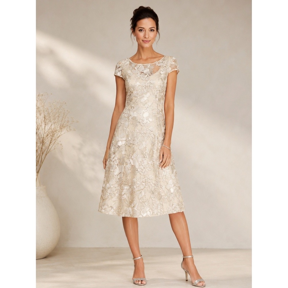 Alex Evenings Womens Champagne Floral Sequin Mother of the Bride Dress Size 16‎